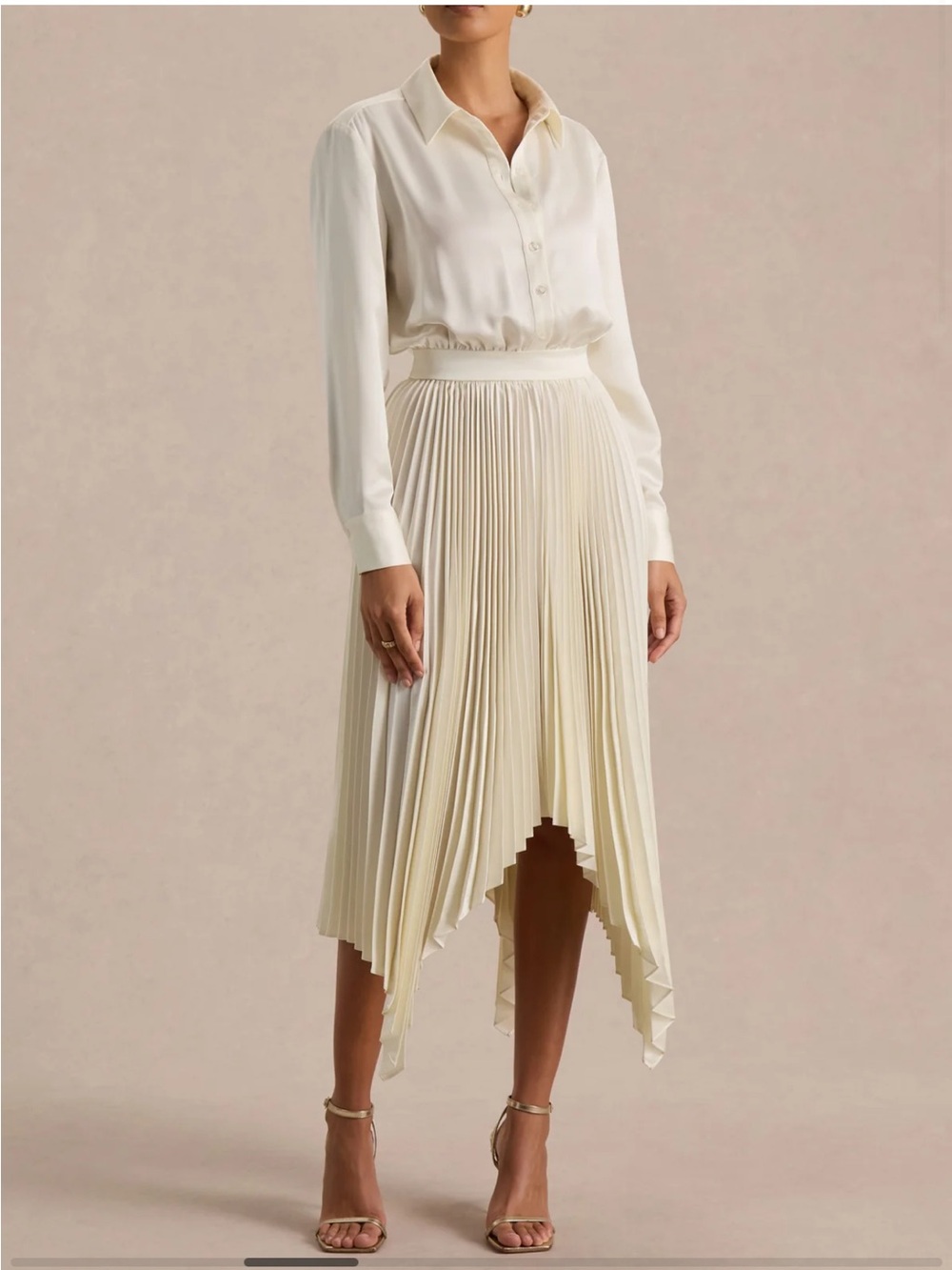 Pleated Handkerchief Hem Midi Skirt - Cream